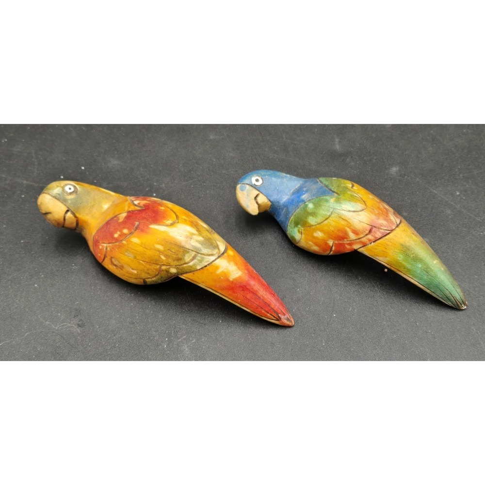 Vtg Balsa Wooden Carved Colorful Parrot Figure Decor Lot of 2